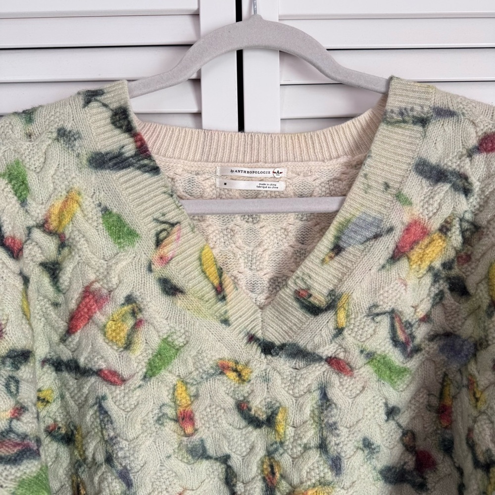 Anthropologie Catch of the Day Lambswool Cable Knit Sweater V-neck Birds Medium - Picture 4 of 10